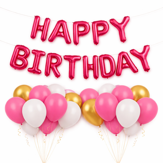 Happy Birthday Balloon Decoration Kit – Pink Banner + 20 Balloons
