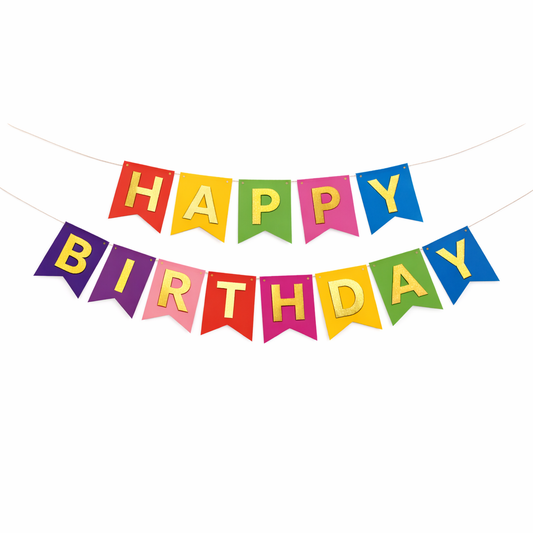 Happy Birthday Paper Banner – Multicolor with Gold Letters