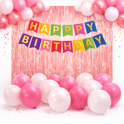 Happy Birthday Decoration Kit – Paper Banner, 2 Foil Curtains & 30 Balloons