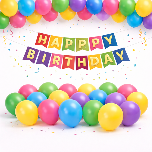 Happy Birthday Decoration Kit – Paper Banner + 30 Multicolor Balloons