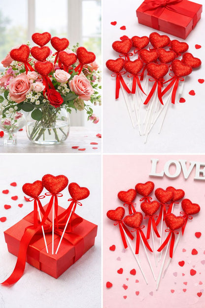 Red Glitter Heart Decoration Picks – Valentine Decor (Pack of 12)