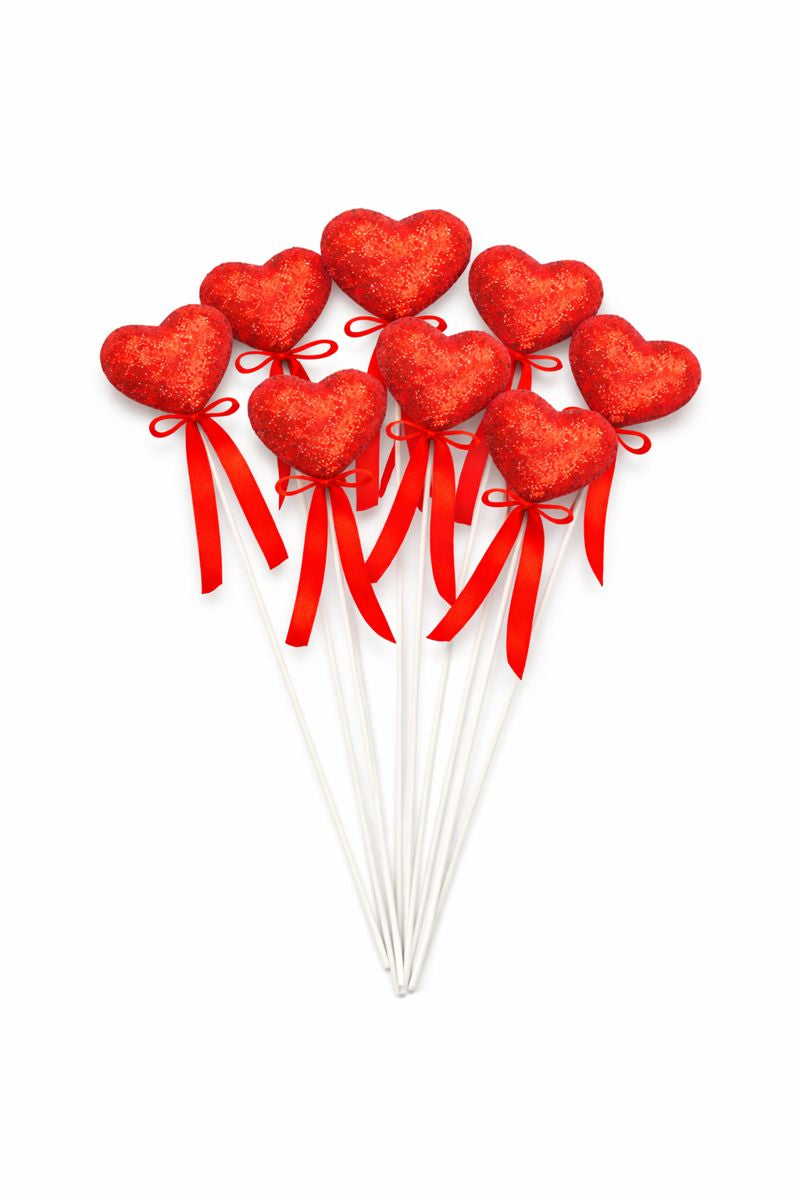 Red Glitter Heart Decoration Picks – Valentine Decor (Pack of 12)