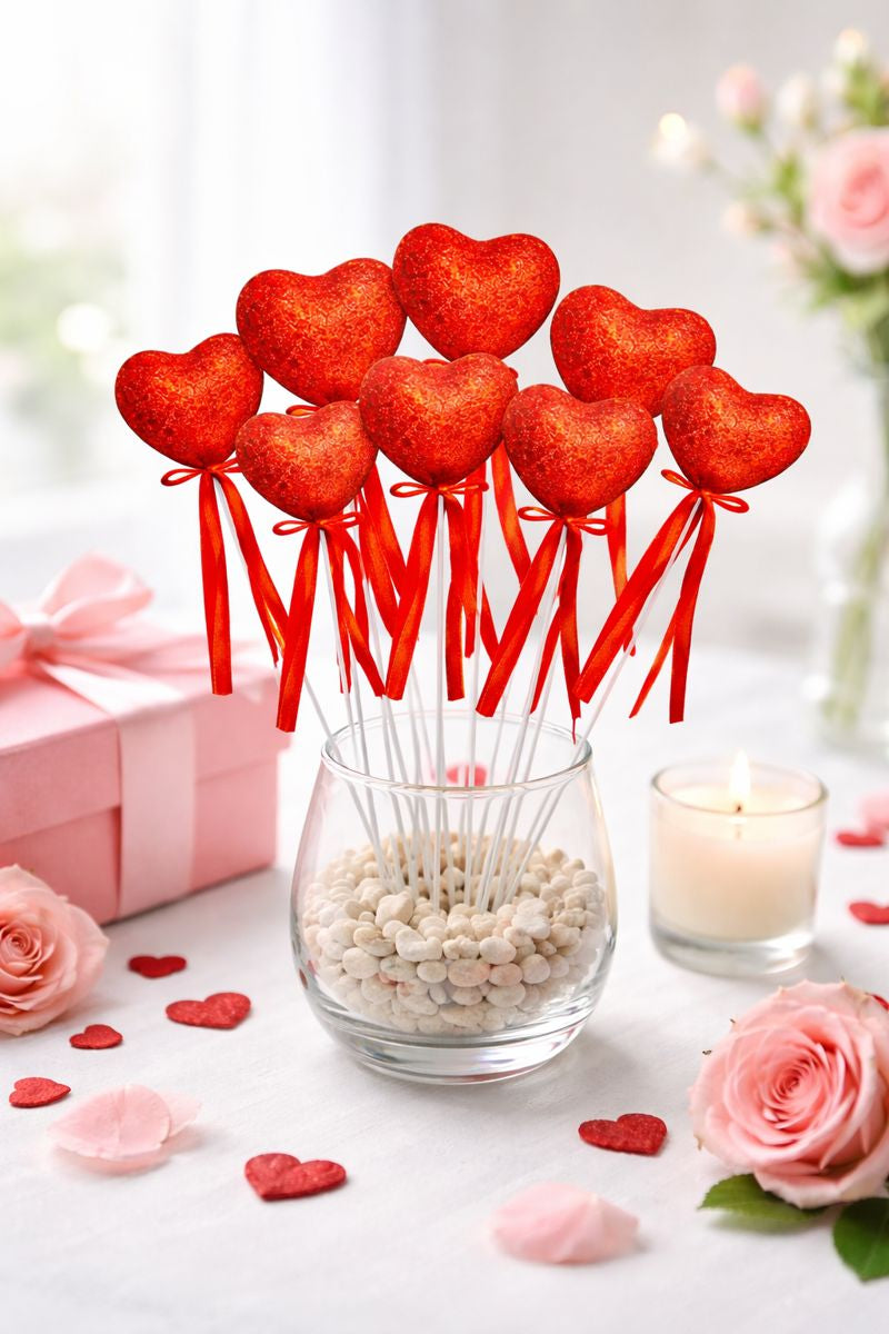 Red Glitter Heart Decoration Picks – Valentine Decor (Pack of 12)