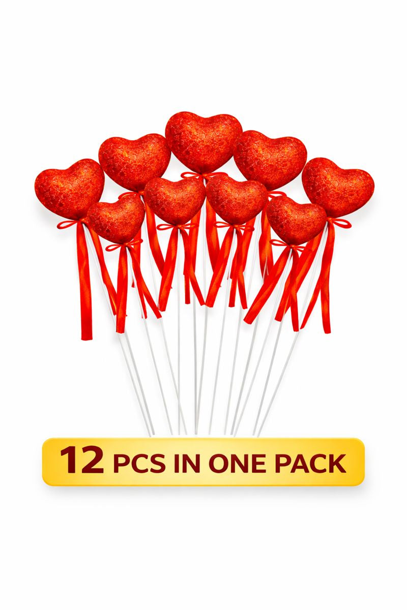 Red Glitter Heart Decoration Picks – Valentine Decor (Pack of 12)