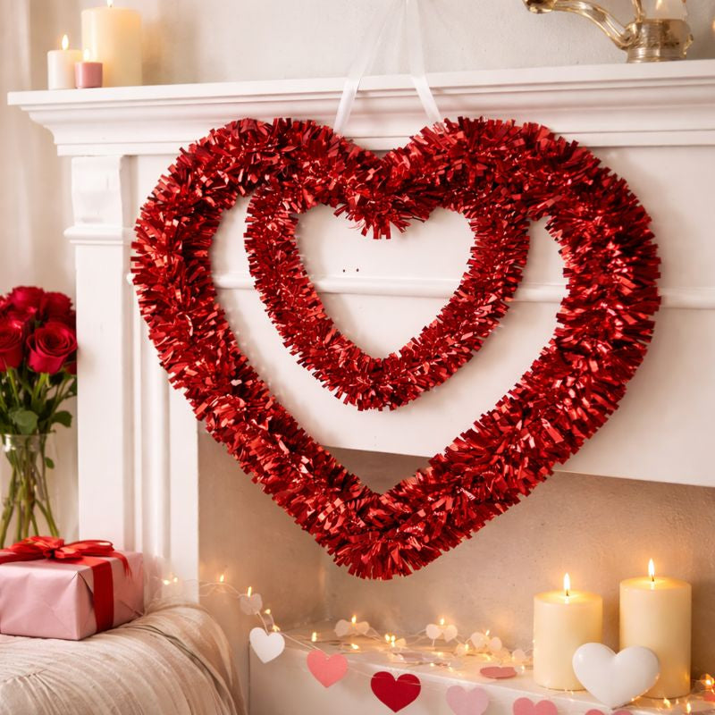 Heart Tinsel Decoration – Red Double Heart Hanging Decor (50 × 50 cm)