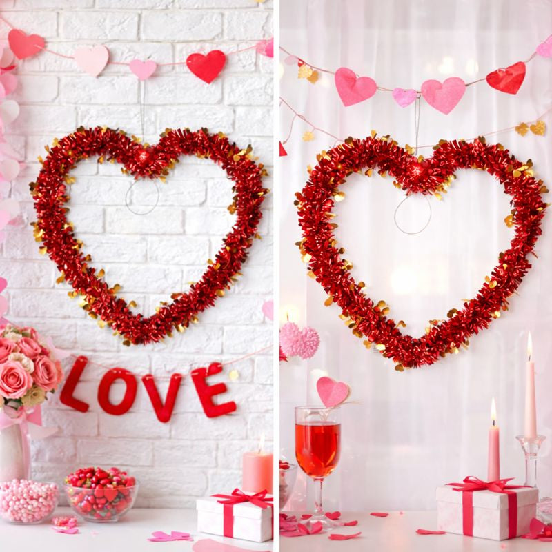 Red Heart Tinsel Hanging Decoration – Valentine’s Day Wall & Door Decor (30 × 30 cm)