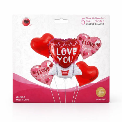 Valentine’s Heart Foil Balloon Set – I Love You Design, 5 Pieces, Red & Pink, Air or Helium