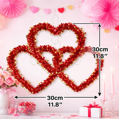 Red Heart Tinsel Hanging Decoration – Set of 3 Valentine’s Day Decor (30 × 30 cm)