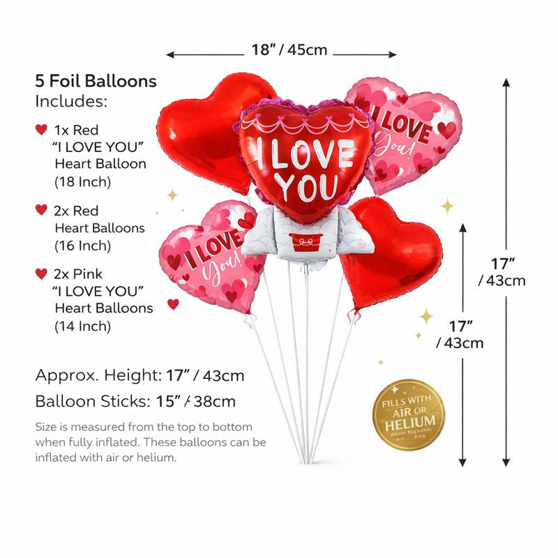 Valentine’s Heart Foil Balloon Set – I Love You Design, 5 Pieces, Red & Pink, Air or Helium