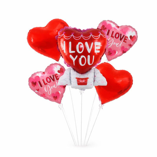 Valentine’s Heart Foil Balloon Set – I Love You Design, 5 Pieces, Red & Pink, Air or Helium