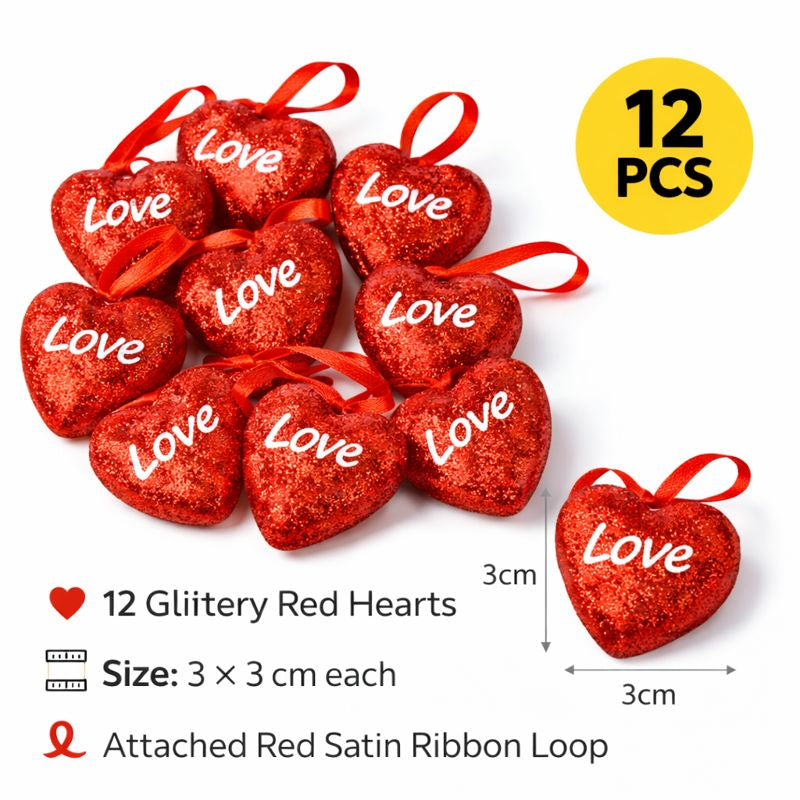 Glitter Red Heart Hanging Decorations – Love Design (12-Piece Set)