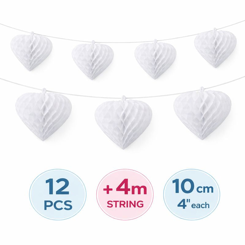 White Paper Heart Hanging Decorations – 12pcs Valentine & Party Decor Set