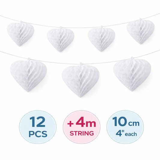 White Paper Heart Hanging Decorations – 12pcs Valentine & Party Decor Set