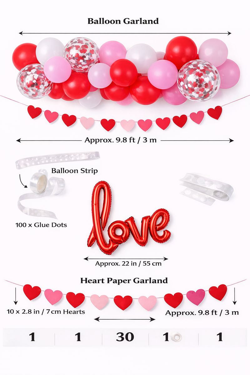 Valentine Balloon Decoration Kit – LOVE Foil, Heart Garlands & 30 Balloons
