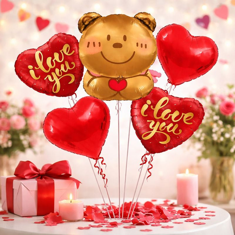 Valentine Teddy Bear & Heart Foil Balloon Set