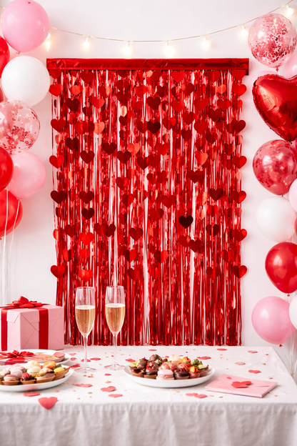 Red Heart Foil Fringe Curtain – Valentine’s Day Decoration Backdrop