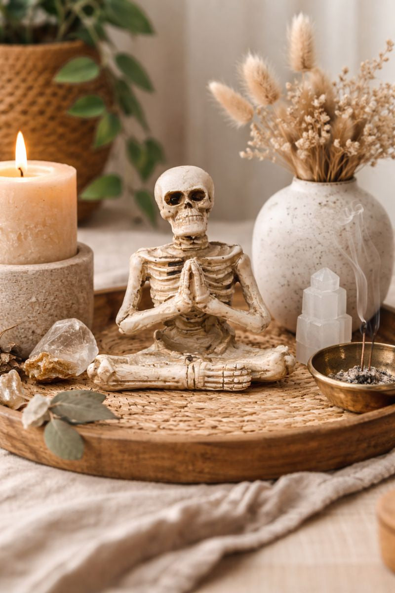 Meditation Skeleton Figurine Décor – Praying Pose Table Ornament (10 cm)