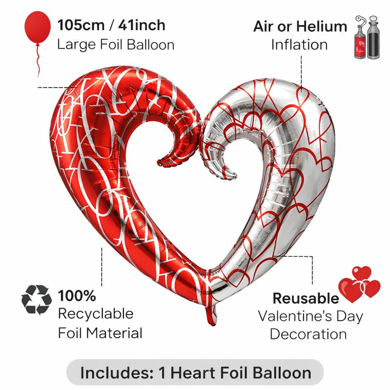 41 Inch Heart Foil Balloon – Red & Silver Valentine Decoration