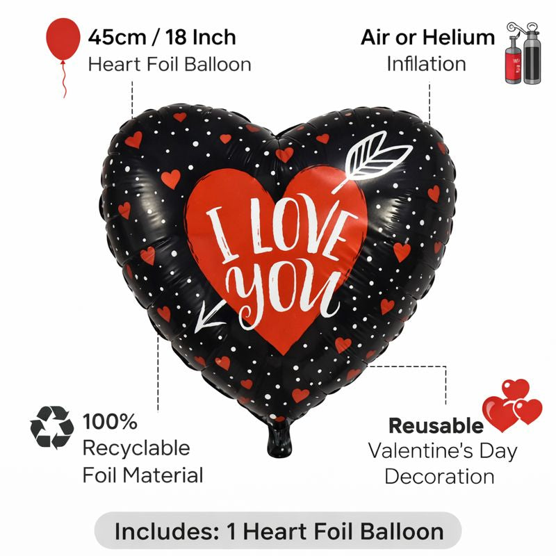 18-Inch Black Heart “I Love You” Foil Balloon – Romantic Party Decoration