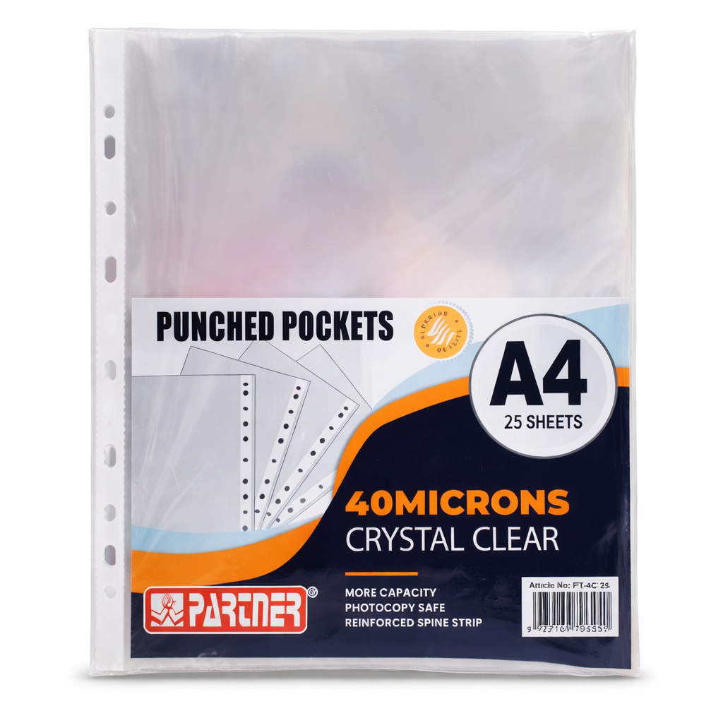 Partner A4 Punched Pockets 40 Microns Crystal Clear – Pack of 25