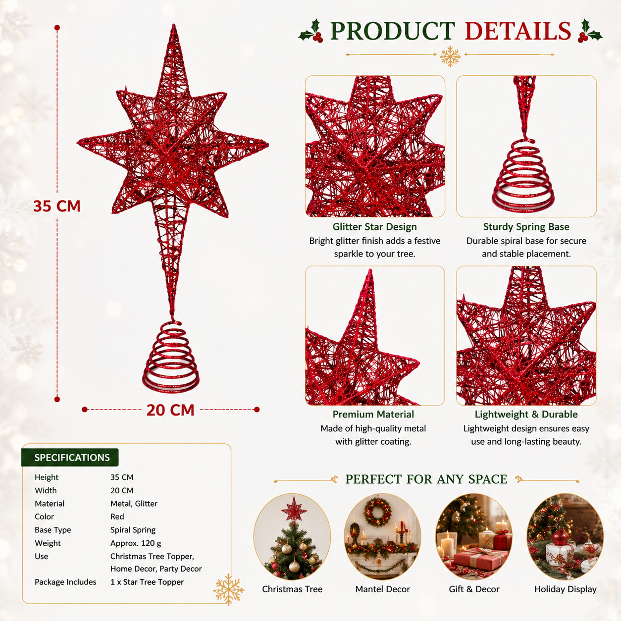 Glitter Star Christmas Tree Topper with Spiral Base – Red or Silver