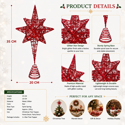 Glitter Star Christmas Tree Topper with Spiral Base – Red or Silver