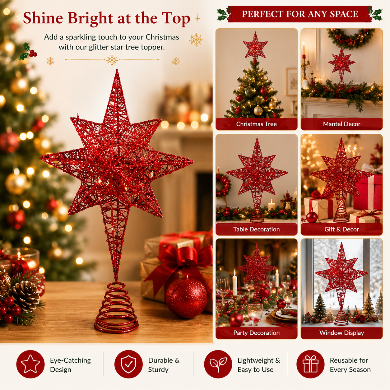 Glitter Star Christmas Tree Topper with Spiral Base – Red or Silver