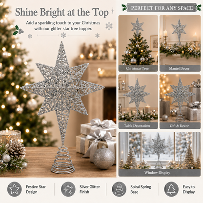 Glitter Star Christmas Tree Topper with Spiral Base – Red or Silver
