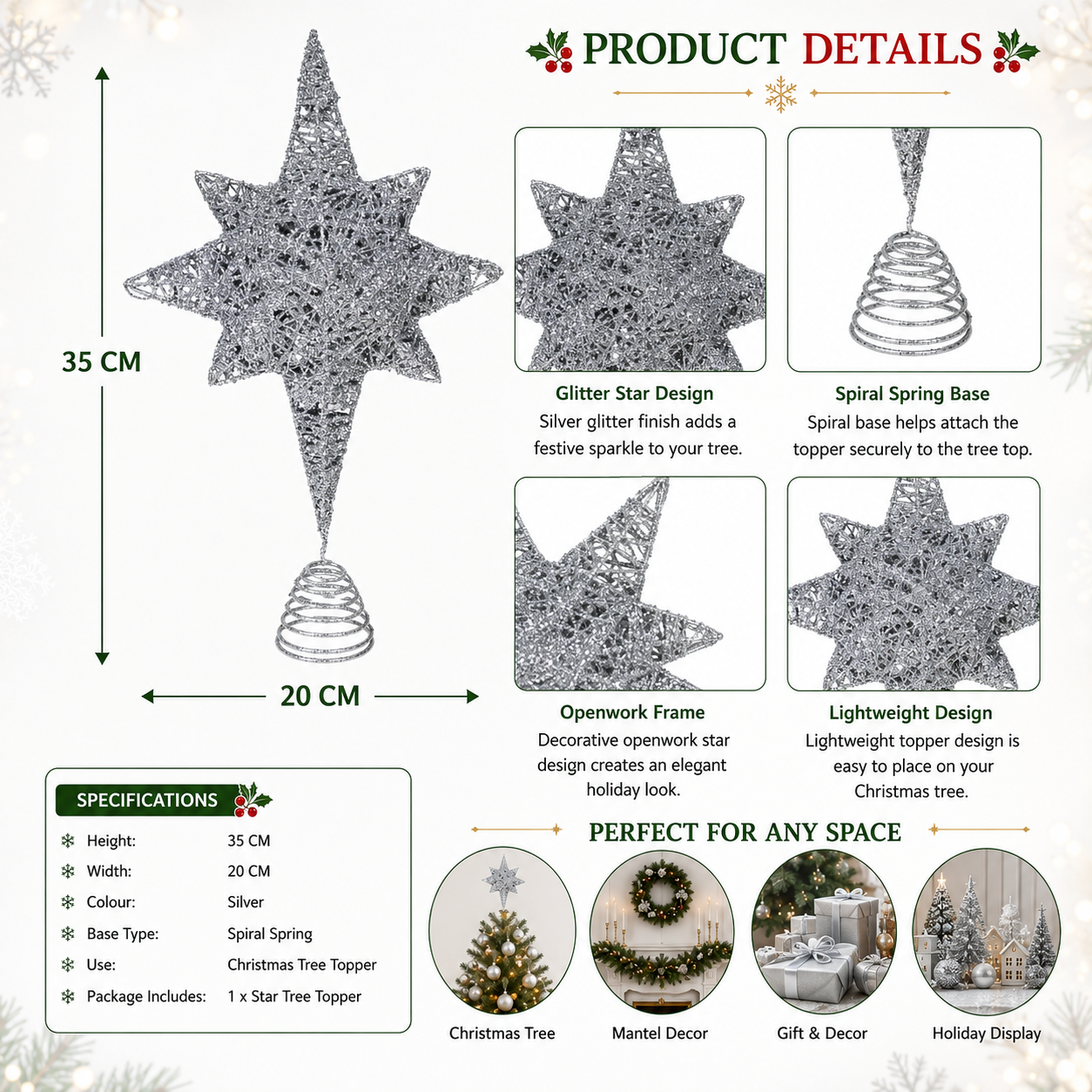Glitter Star Christmas Tree Topper with Spiral Base – Red or Silver