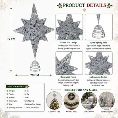 Glitter Star Christmas Tree Topper with Spiral Base – Red or Silver