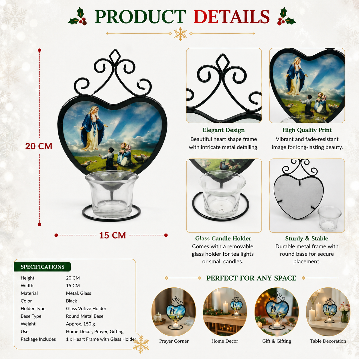 Heart-Shaped Religious Candle Holder with Decorative Mary Image and Metal Stand