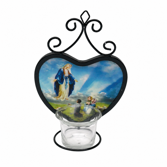 Heart-Shaped Religious Candle Holder with Decorative Mary Image and Metal Stand