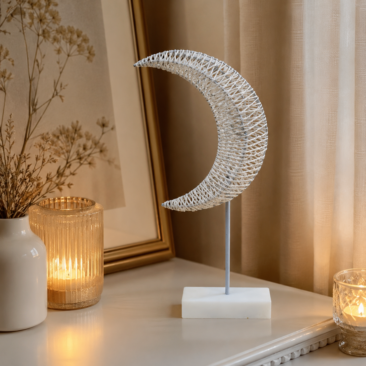 White Woven Crescent Moon Table Decor with Stand and Rectangular Base