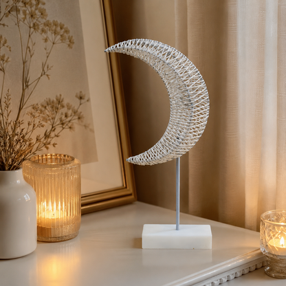 White Woven Crescent Moon Table Decor with Stand and Rectangular Base