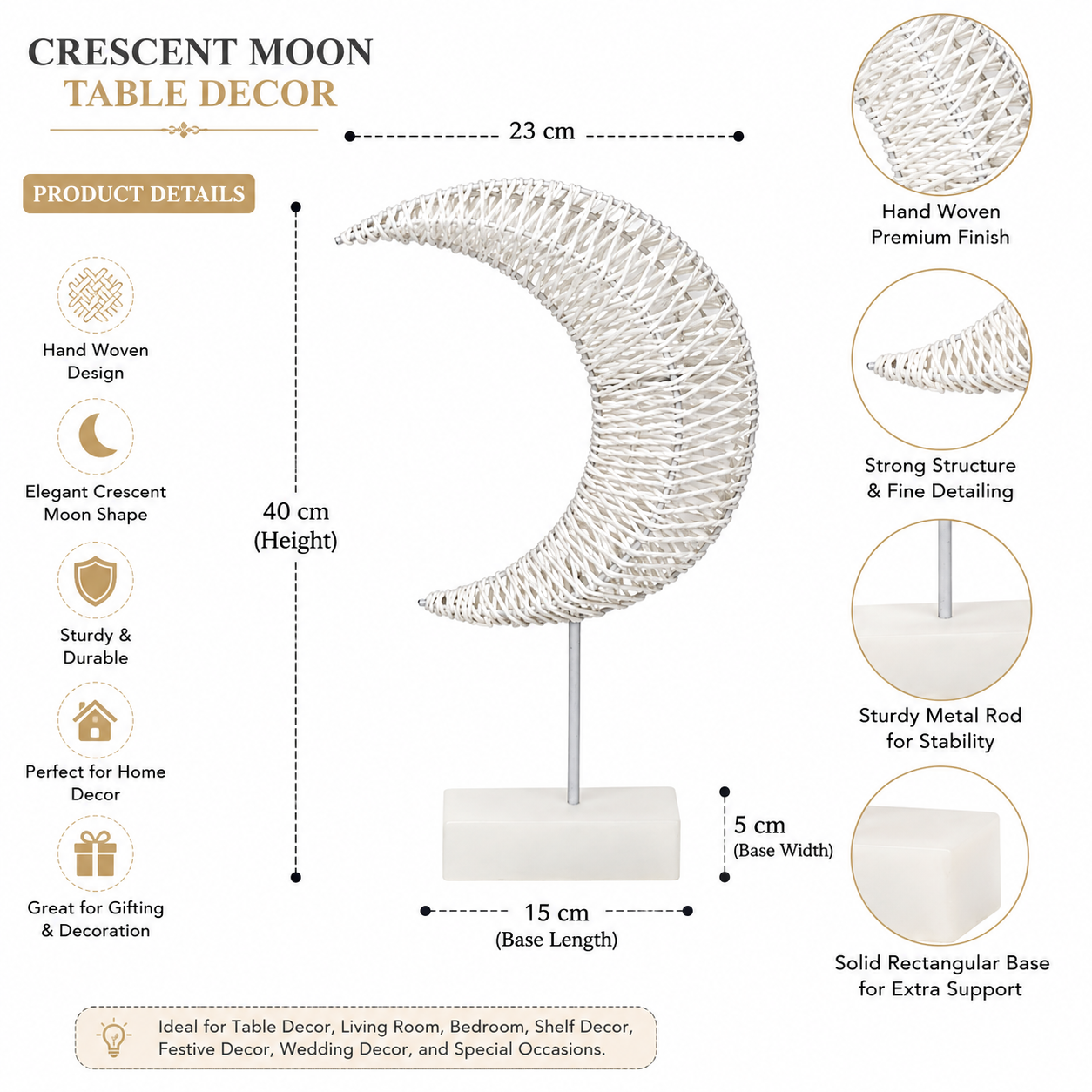 White Woven Crescent Moon Table Decor with Stand and Rectangular Base