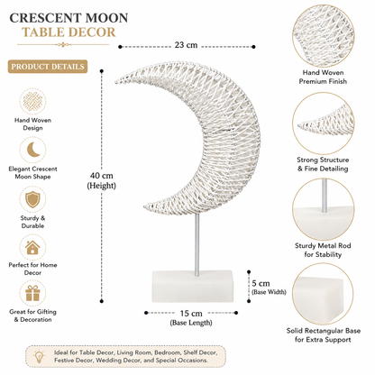 White Woven Crescent Moon Table Decor with Stand and Rectangular Base