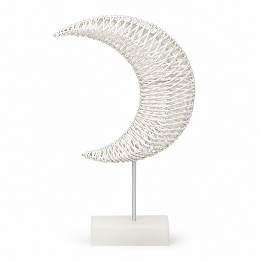 White Woven Crescent Moon Table Decor with Stand and Rectangular Base