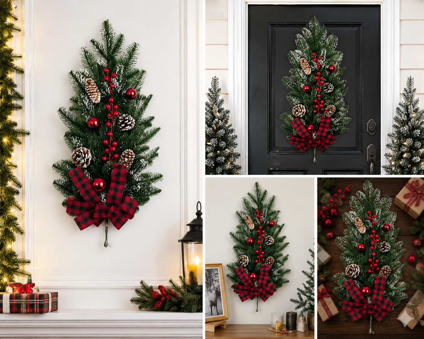 Frosted Christmas Greenery Swag with Pinecones, Berries and Plaid Bow