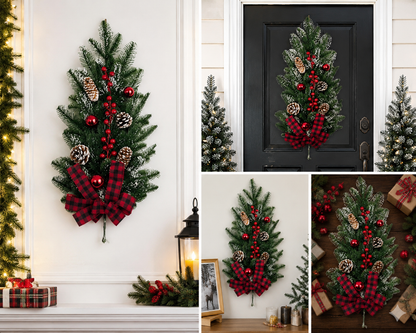 Frosted Christmas Greenery Swag with Pinecones, Berries and Plaid Bow