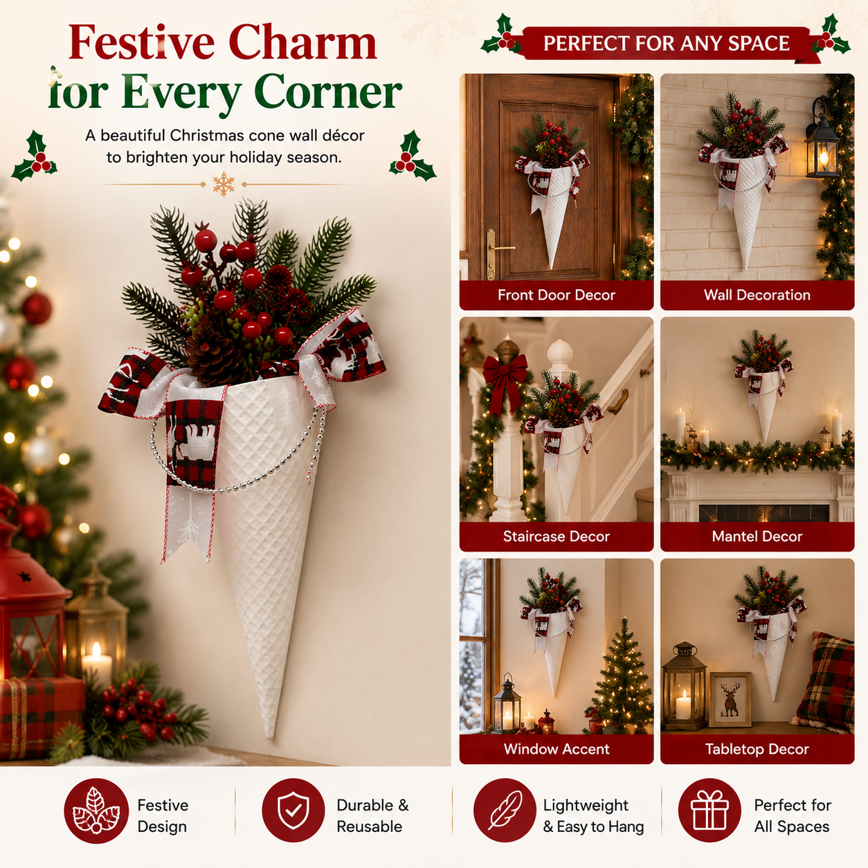 Christmas Hanging Cone Wall Decoration with Pinecones, Berries and Festive Ribbon