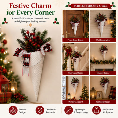 Christmas Hanging Cone Wall Decoration with Pinecones, Berries and Festive Ribbon
