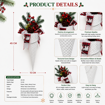 Christmas Hanging Cone Wall Decoration with Pinecones, Berries and Festive Ribbon