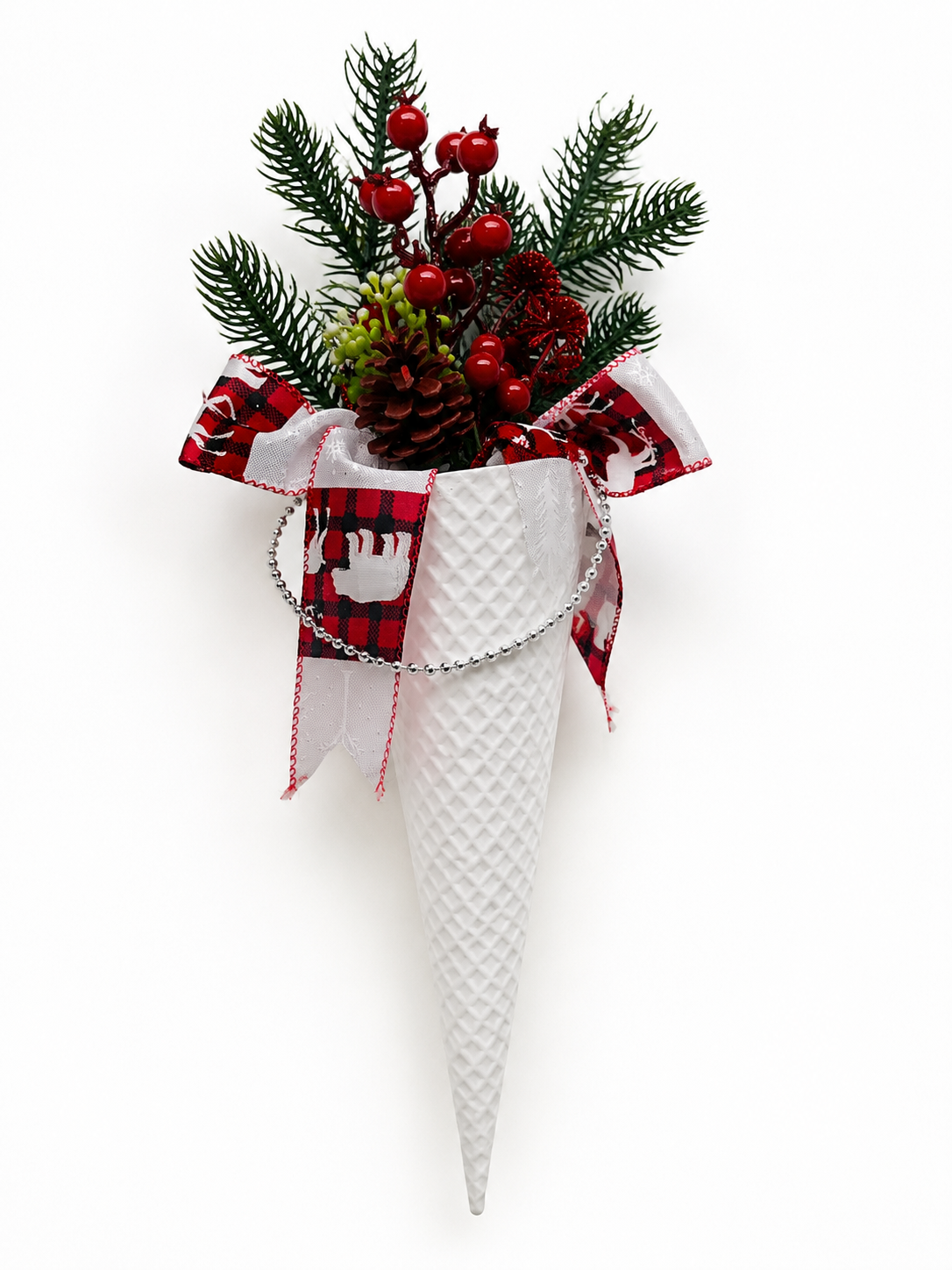Christmas Hanging Cone Wall Decoration with Pinecones, Berries and Festive Ribbon