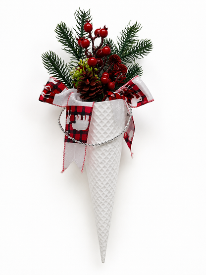 Christmas Hanging Cone Wall Decoration with Pinecones, Berries and Festive Ribbon