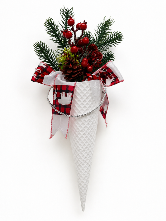 Christmas Hanging Cone Wall Decoration with Pinecones, Berries and Festive Ribbon