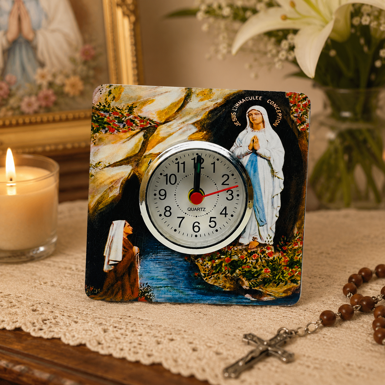 Religious Table Clock with Virgin Mary Artwork and Support Stand