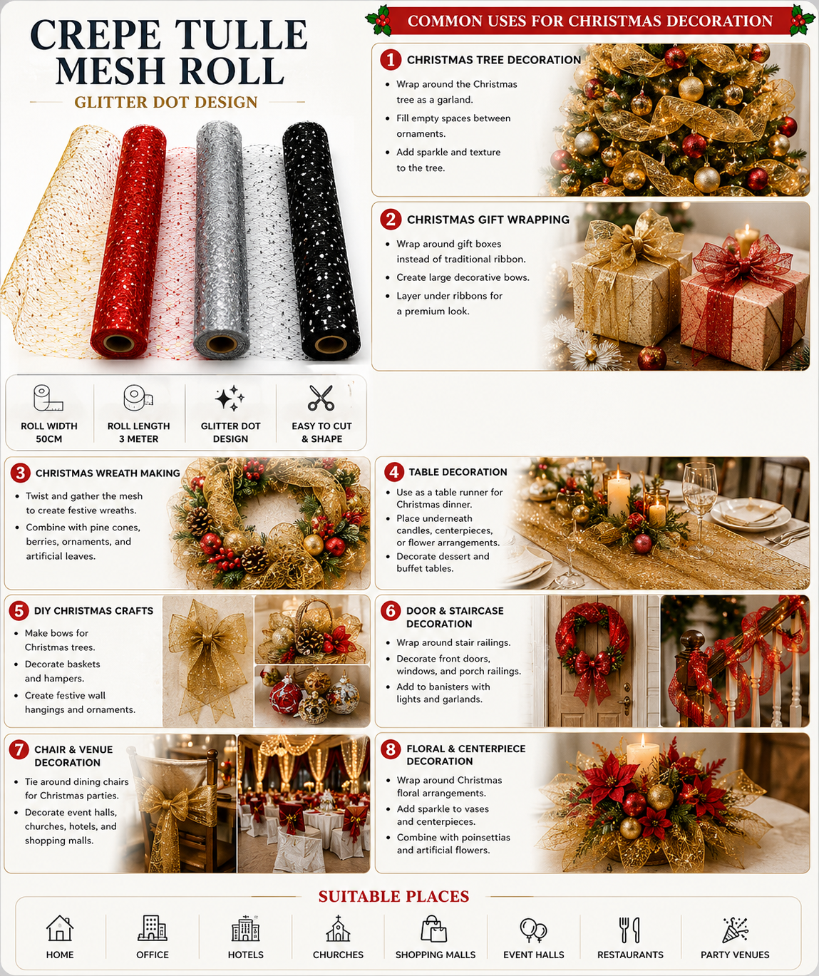Christmas Glitter Decorative Mesh Roll 50cm × 3m – Floral Wrapping Mesh for Tree, Wreath, Gift & DIY Decoration