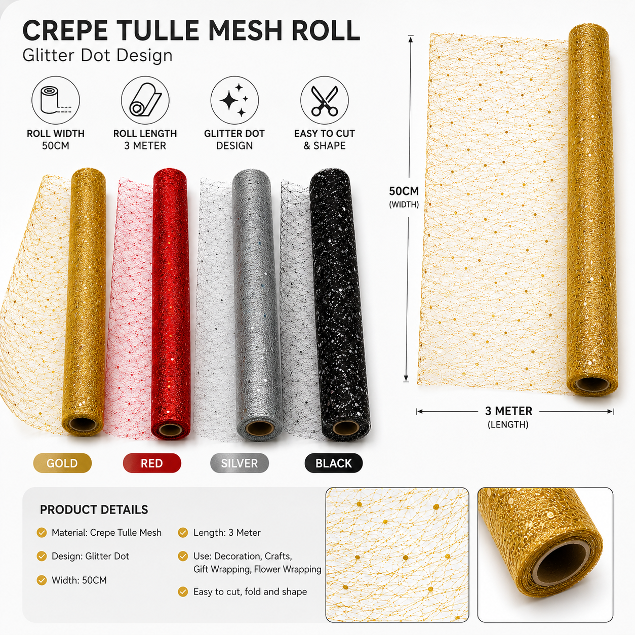 Christmas Glitter Decorative Mesh Roll 50cm × 3m – Floral Wrapping Mesh for Tree, Wreath, Gift & DIY Decoration
