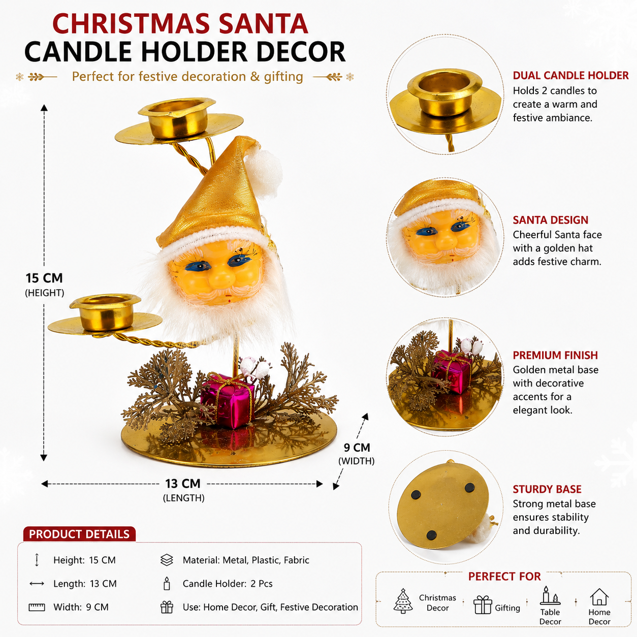 Christmas Santa Double Candle Holder Decoration with Gold Finish for Festive Table Display