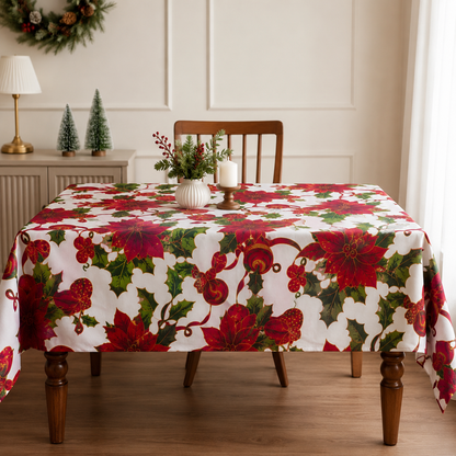 Christmas Poinsettia Tablecloth with Holly and Ornament Print, 150 × 180 cm